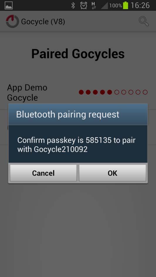 4 Select OK when the Bluetooth pairing