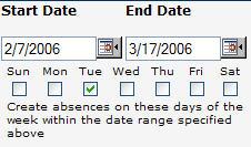 Enter the Start & End dates and click the Day(s) of Week boxes. Example above: every Tuesday for the next six weeks.