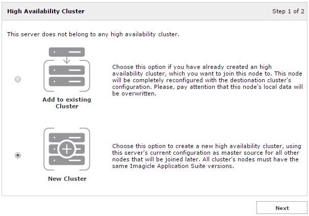 On the first node choose New Cluster and click Next. In the next page you will have to choose one of the IP addresses of the machine.