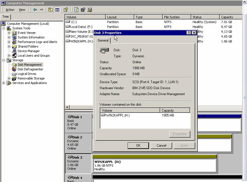 To verify the Virtualization operation was a success, we select the Windows function COMPUTER MANAGEMENT, and click DISK MANAGEMT, to display the status of the SAN340_1 disks.