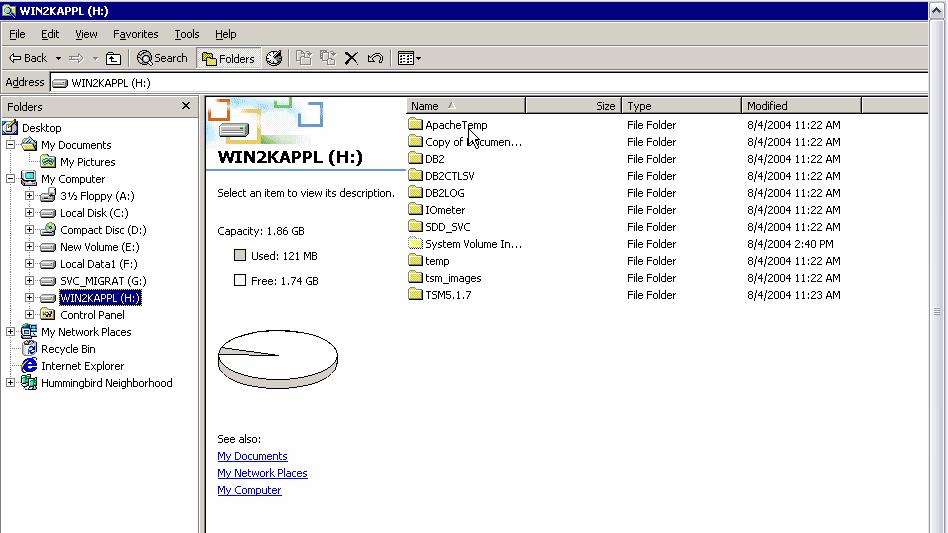 Notice the WIN2KAPPL contents provided by the SVC Image disk; match perfectly the original contents when
