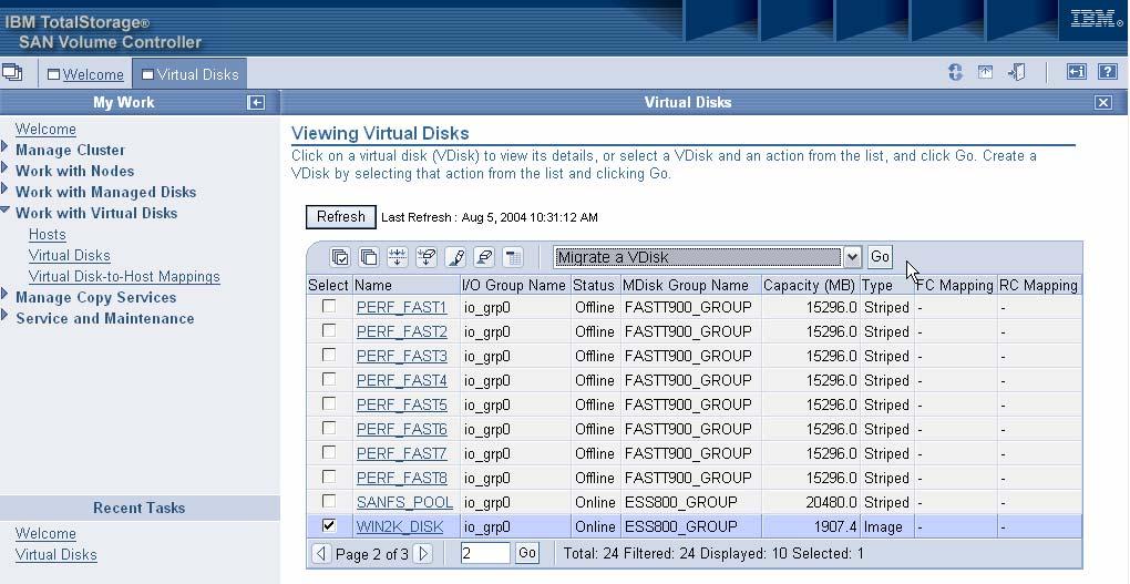 13) The migration of SVC Virtual disks from one pool (Managed Disk Group) to another is a very simple command done in the Virtual Disks panel, as you can see below.