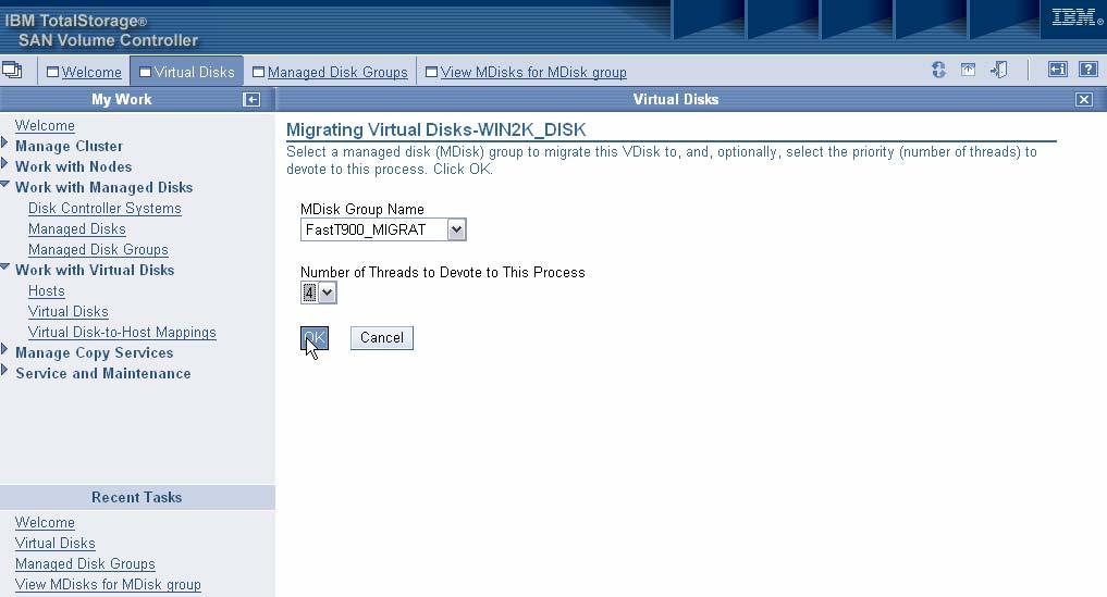The following panel is displayed, showing a list of available target Managed Disk Group, where the Image disk will migrate to, in our case FastT900_MIGRAT.