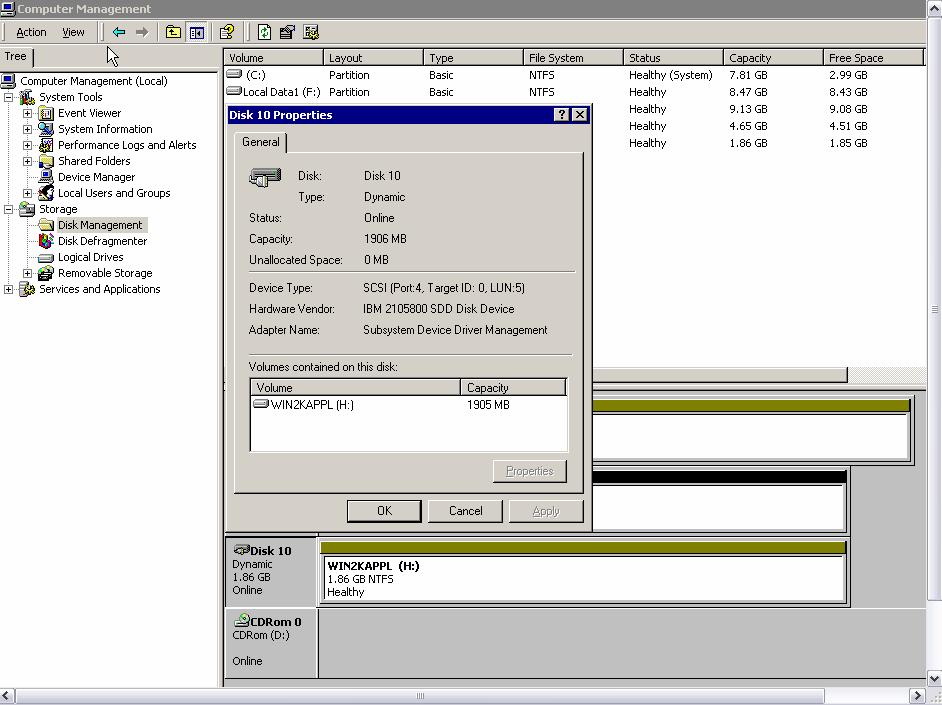 Here is the way LUN H:\WIN2KAPPL looks to the Win2K Server before we start the virtualization