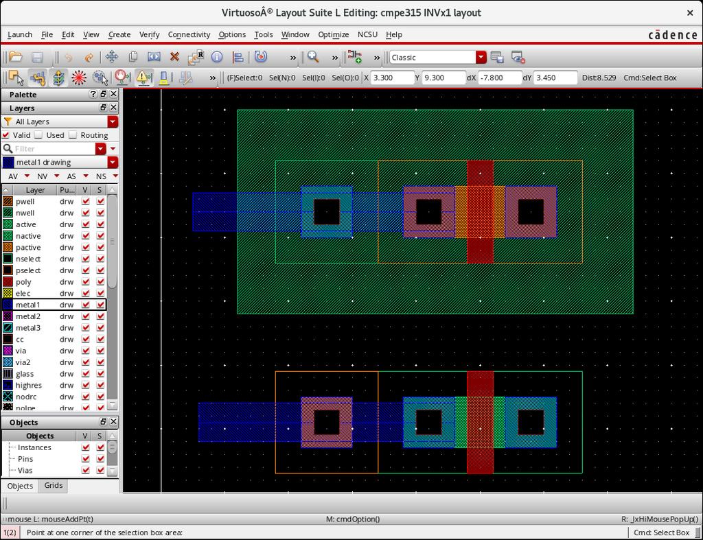 Design Rule Check Figure 6: PMOS and NMOS layout There is a rule checking tool that is available with the cadence distribution which checks most of the rules.