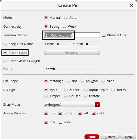 Create Pins To complete your layout you need to place input or output pins at the various inputs and outputs of you circuit.
