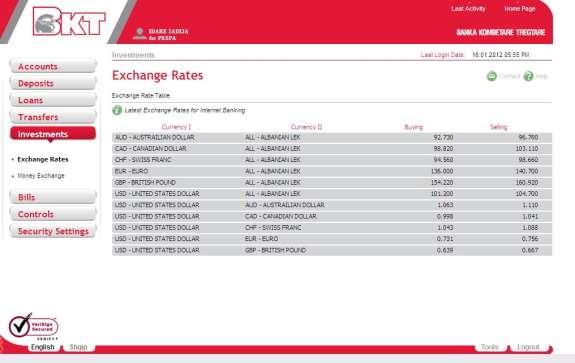 6.2. Exchange Rates At this page the exchange rates table displayed, gives information