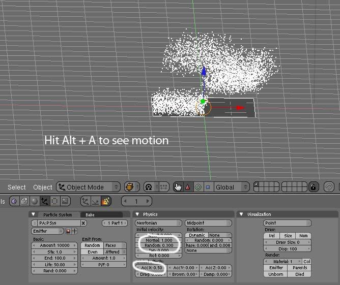 If you now hit Alt + A you will see particles being emitted from the faces of the plane (four faces since we have subdivided once). We will continue building on this and we will go to the Physics tab.