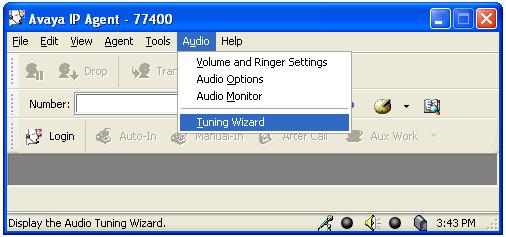 6. Configure Avaya IP Agent After logging into Avaya IP Agent, select Audio Tuning Wizard from the Audio menu as shown below.