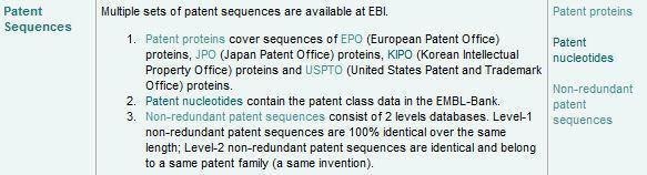 Patent resources at EBI EPO Patent proteins: USPTO JPO KIPO Patent nucleotides: ENA (EPO, USPTO, JPO, KIPO) 4 Same