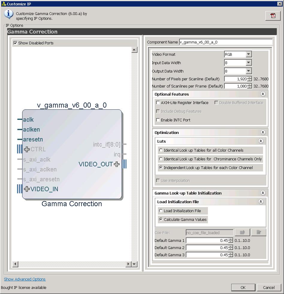 Graphical User Interface X-Ref Target - Figure 5-1 Figure 5-1: Gamma Correction Vivado IP Catalog GUI The main screen displays a representation of the IP symbol on the left side, and the parameter