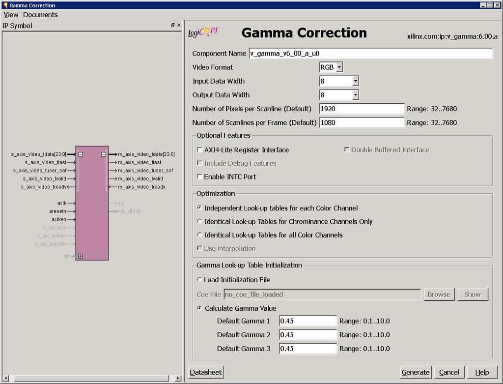 Graphical User Interface X-Ref Target - Figure 7-1 Figure 7-1: Gamma Correction Main Screen The main screen displays a representation of the IP symbol on the left side, and the parameter assignments
