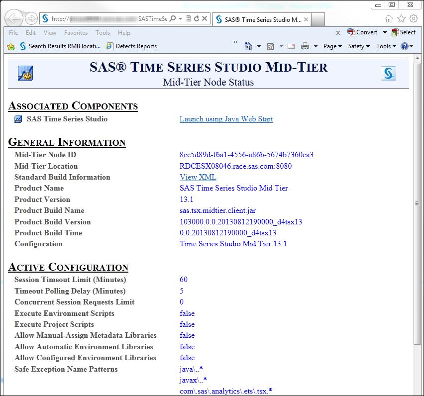 Additional Resources 85 Here is an example of a status page for the SAS Time Series Studio middle tier: JMX MBeans Although the status page for the SAS Time Series Studio middle tier provides a