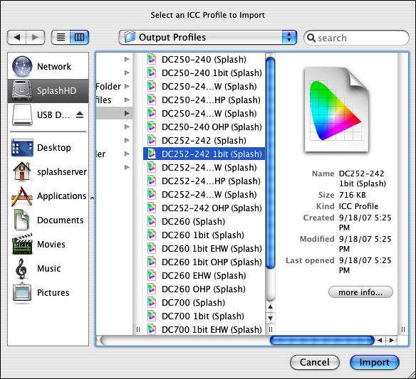 PROFILE MANAGEMENT 10 Importing profiles You can import an ICC profile to the EFI Splash RPX-iii from a file on your system or from a client system using Splash Server Remote.