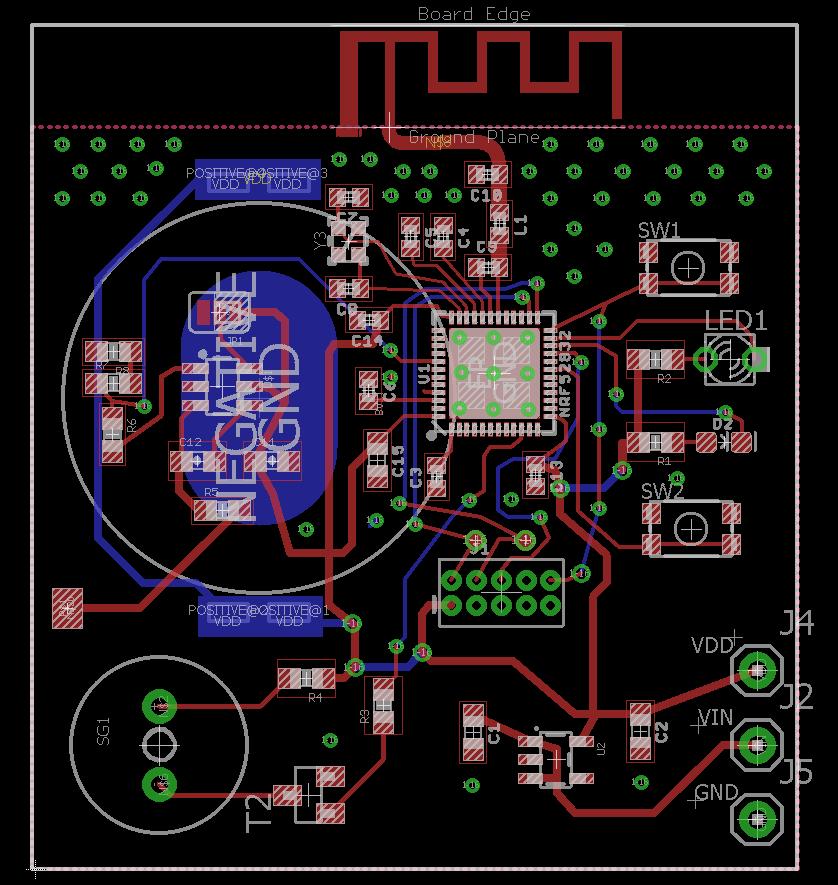 Figure 3.15: PCB layout for complete custom prototype with hand soldered nrf52 SoC. From the schematic under Appendix 7.2 and the PCB layout shown in Figure 3.