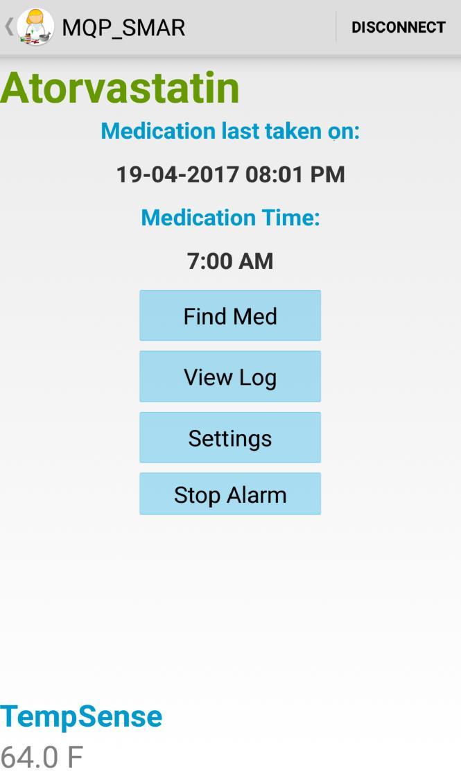 Figure 4.19: Control panel for the SmartMed android application. The screen shown in Figure 4.22 serves as the main control panel for the SmartMed application.