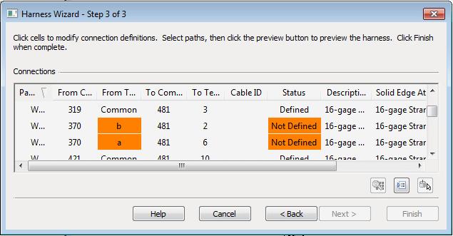 Activity: Creating a wire harness with Harness Design Specify information for Harness Wizard Step - 3 of 3 The Harness Wizard - Step 3 of 3 dialog box displays information about the conductors used