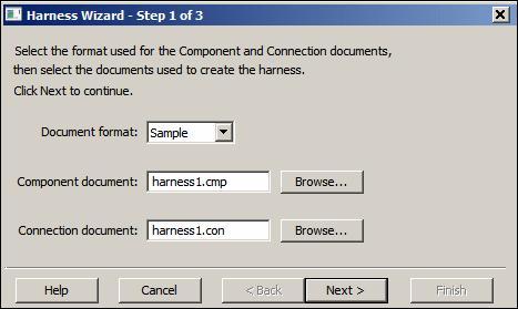 Lesson 4 Activity: Creating a wire harness with Harness Design Specify information for Harness Wizard Step - 1 of 3 The Harness Wizard - Step 1 of 3 dialog box specifies: The format for the ecad net