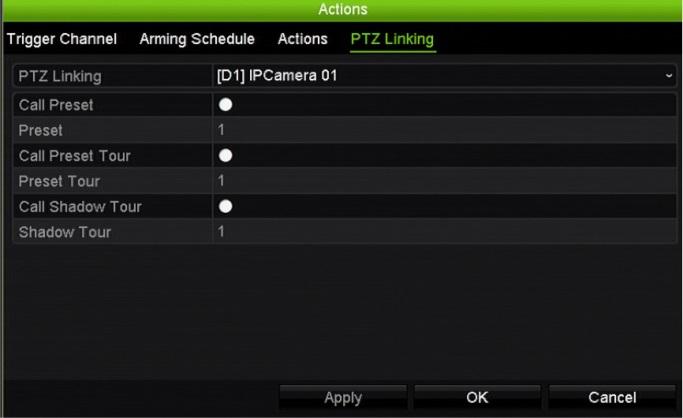 Chapter 13: Alarm and event setup In the Actions window, click the Trigger Channel tab and then select the cameras to be triggered for recording when an alarm is detected.