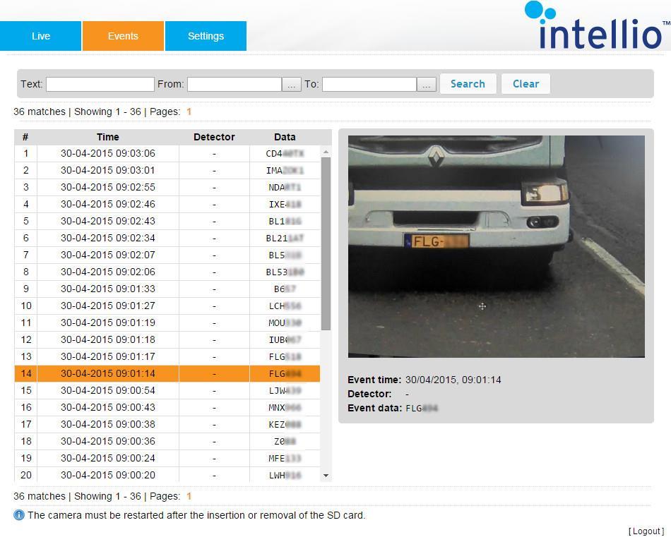 When Event storage is enabled the Events page shows the captured license plates and a snapshot from the camera.