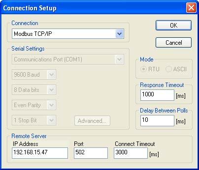 ppendix : pplication Examples In the onnection Setup window, choose the Modbus TP/IP connection type. Enter the IP address of your M-GTEWY module in the lower left hand corner.