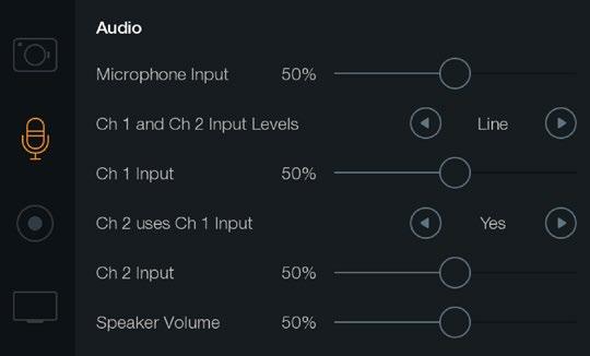 21 Menu Settings Audio Settings To adjust audio input and audio monitoring settings on your Blackmagic Camera, press the 'menu' button to open the dashboard, select the 'settings' icon, then select