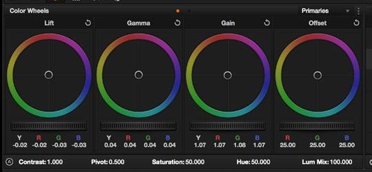 36 Using DaVinci Resolve The lift, gamma, gain and offset color wheels give you total control over the color and tonal balance of your clips.