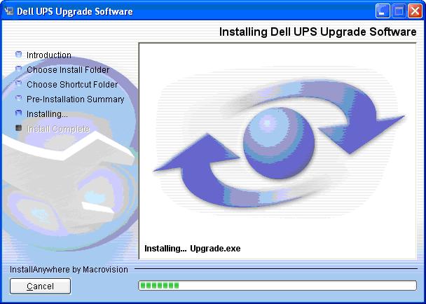 7 Monitor installation progress using the progress bar on the Dell UPS Upgrade Software window until