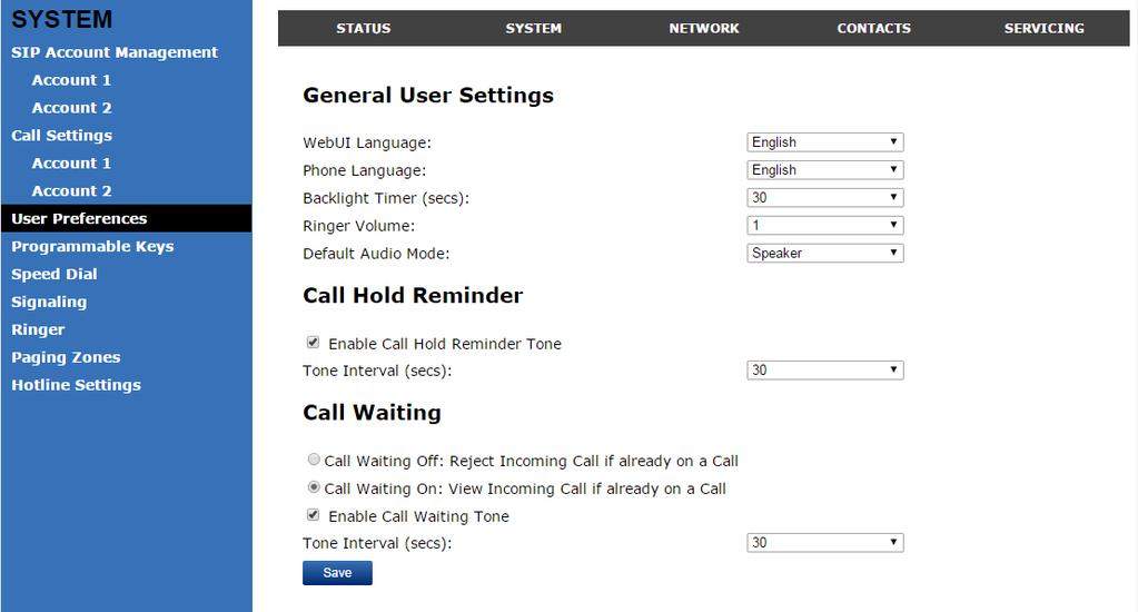 Preferences On the Preferences page, you can configure some basic settings for the phone and set hold reminder and call waiting settings.