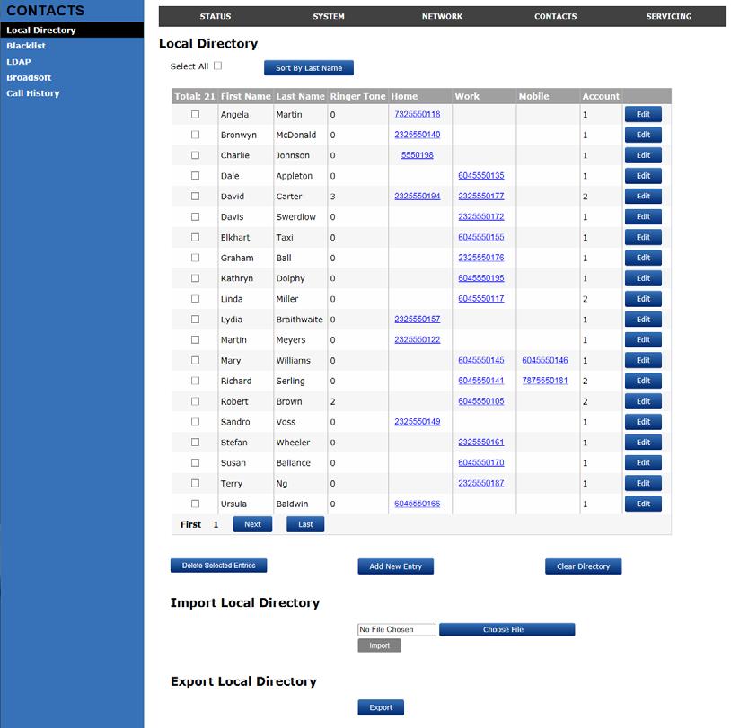 Contacts Pages Local Directory On the Local Directory page, you can manage your local directory entries. You can sort, edit, delete, and add contact information for up to 200 entries.