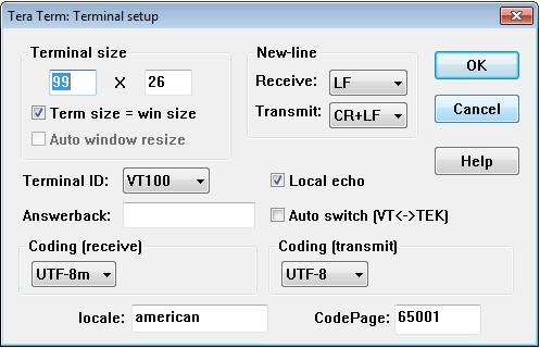 Figure 2: Serial port setup - Click on Setup and Terminal to configure the parameters as in Figure 3.