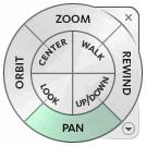The wheel provides the following options: Zoom. Adjusts the magnification of the current view. Rewind. Restores the most recent view. Move backward or forward by clicking and dragging left or right.