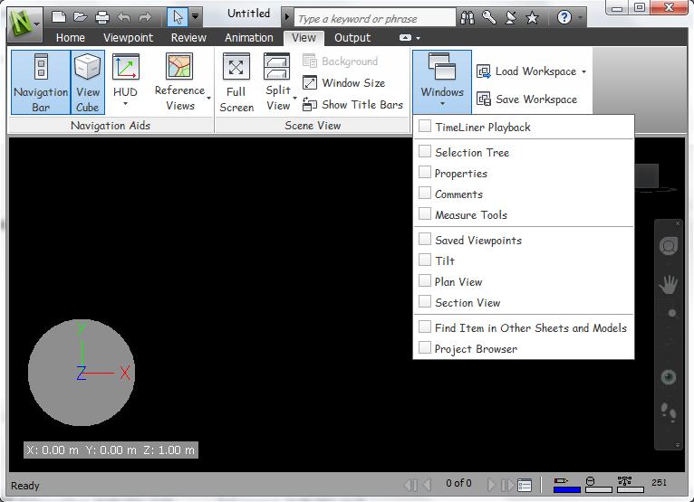 Controlling the Screen Layout The View tab of the Navisworks ToolRibbon provides functions to control the screen layout.