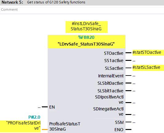 1 2 3 4 9 To evaluate the status of the active safety functions, interconnect input "ProfisafeStatus_T30SinaG" with the previously created variable "PROFIsafeStatDrive" (1).