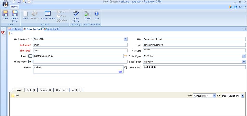 In order to create a new contact record in the system, use the New option in the SRM Console Ribbon. 1. Click on Contact 2.