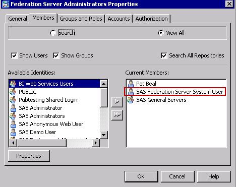SAS Federation Server 23 2. Add the system user, or users, to the Federation Server Administrators group in SAS Metadata Server.