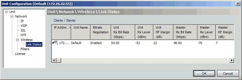 Configuring Wireless Accessing the Link Status The Network>Wireless>Link Status node status contains information on the devices (client or slave) connected to a master S3100 series or S4300 series: