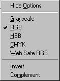 Choose an RGB, Web-safe RGB, HSB, CMYK, or Grayscale color model from the Color palette menu, and use the sliders to change the color values.