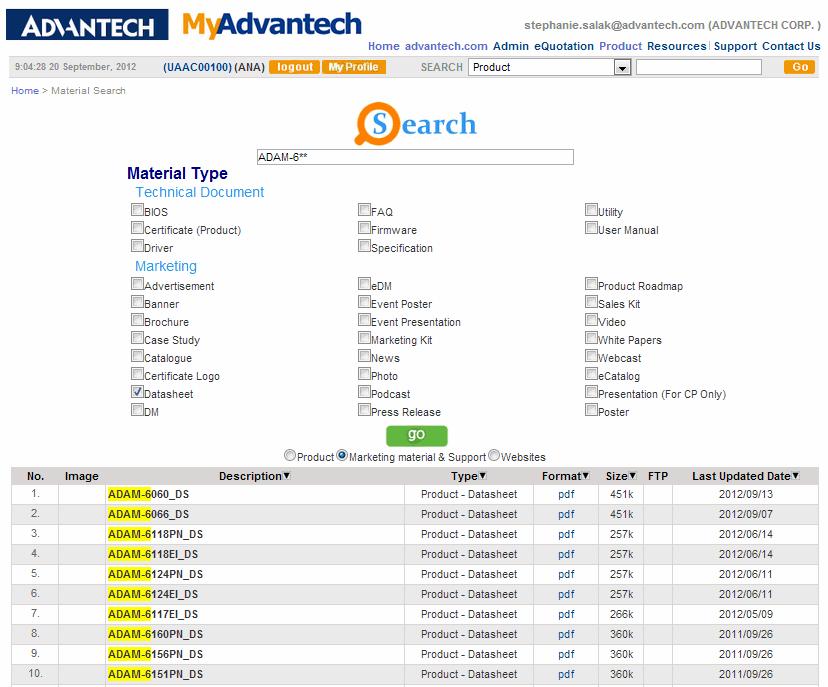 43 c. Website Search Example Through this search selection you can search Advantech s various