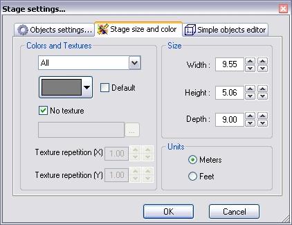 2.3.2 Stage size and color Colour and dimensions of stage (width, height and depth) can be defined within this menu.