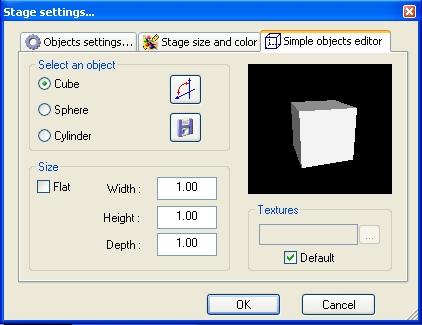 2.3.3 Simple objects editor This new tool enables you to create your own objects and reuse them later on: 3 different types of objects can be created: Cube Sphere Cylinder You can modify dimensions