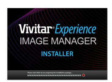 1) Insert the installation CD into your CD-ROM drive. The installation screen should automatically open. 2) On PC: The Vivitar Experience Image Manager Installer window appears.