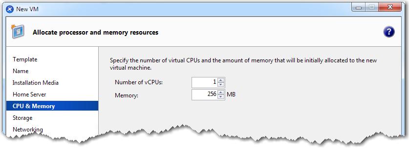 e. Verify that the server listed is the one you created earlier, and click Next. The New VM CPU & Memory page appears.