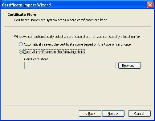 4. Click on Install certificate to install it and then Certificate Import Wizard will be displayed. Click on Place all certificates in the following store.