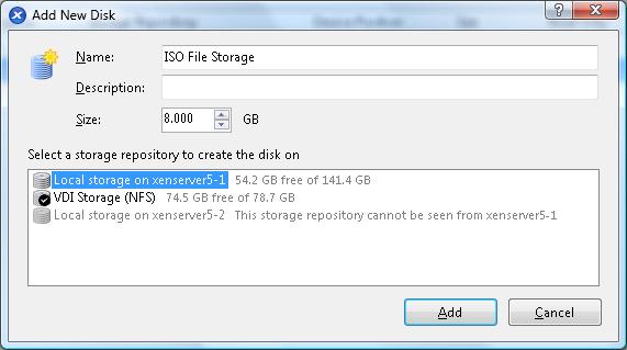 8 1. In XenCenter, add a disk to the OpenFiler VM. This will be used for storage of the ISO files. Select the OpenFiler VM in XenCenter, select the Storage tab, and click Add.