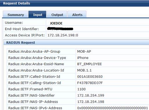 Figure 7: This Input/RADIUS Request has many useful information about this JOEDOE user: 1. End-Host Identifier: user device mac address 2.
