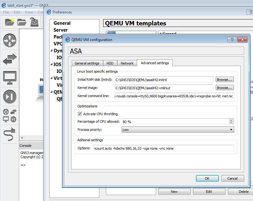 8.3 Appendix A Adding ASA to GNS3 Download the ASA OS Kernal and RAM files (should be on the lab machines already). http://socrdlvideo.napier.ac.uk/~csn11118/asa%20image/ Start GNS3, as Administrator.