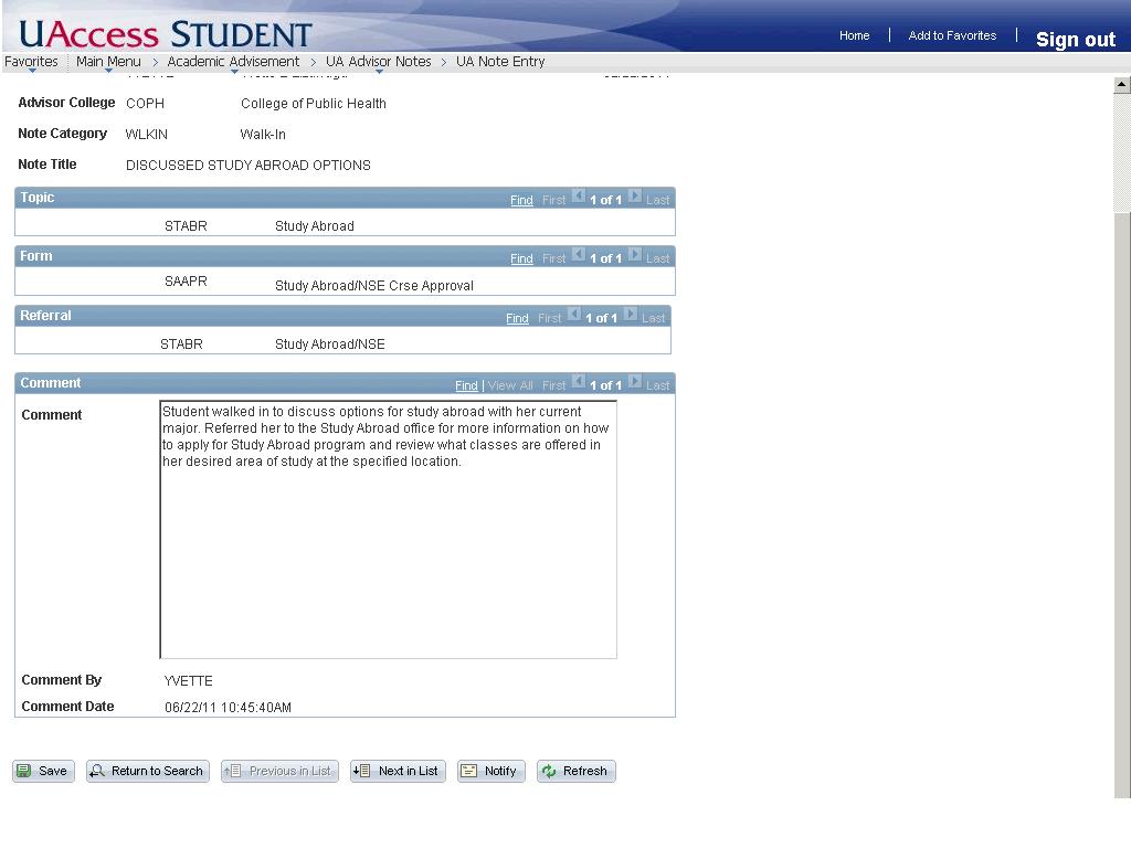 9. Returning to the Search Results screen allows you to view other notes or search for a different student.
