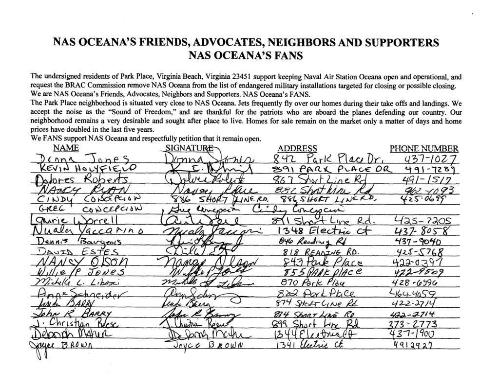 NAS OCEANA'S FRIENDS, ADVOCATES, NEIGHBORS AND SUPPORTERS NAS OCEANA'S FANS The undersigned residents of Park Place, Virginia Beach, Virginia 2345 1 support keeping Naval Air Station Oceana open and