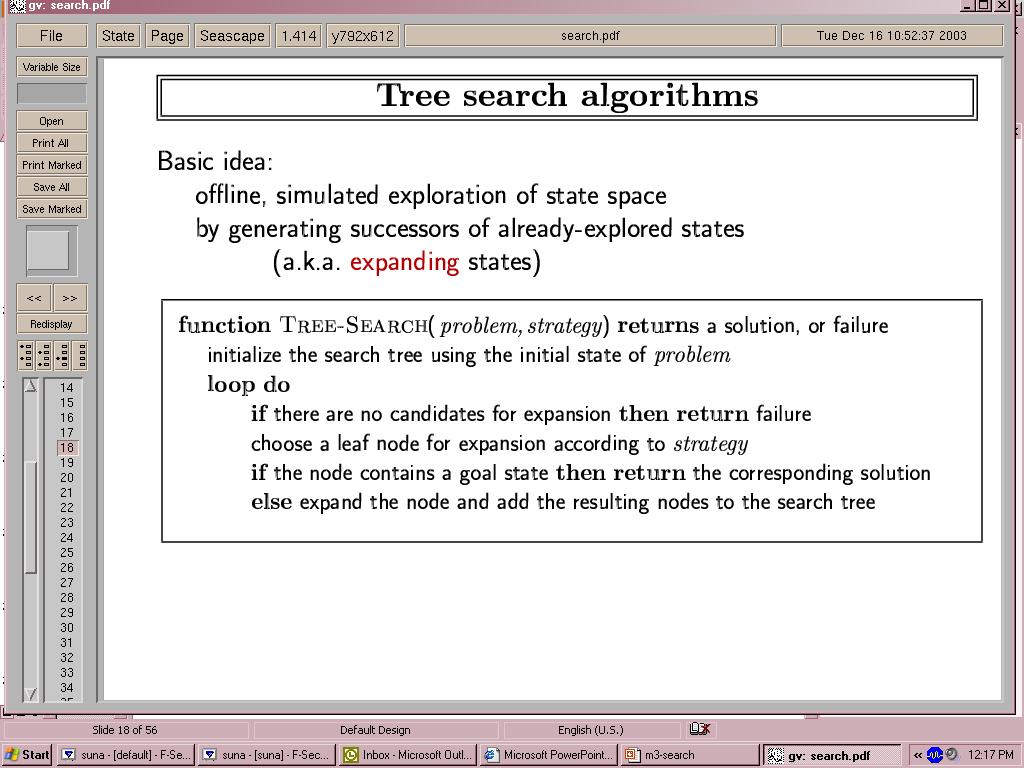 Tree-search algorithms Basic idea: simulated exploration of state space by generating successors of already-explored states (a.k.a. ~ expanding states) Fig. 3.7 R&N, p.